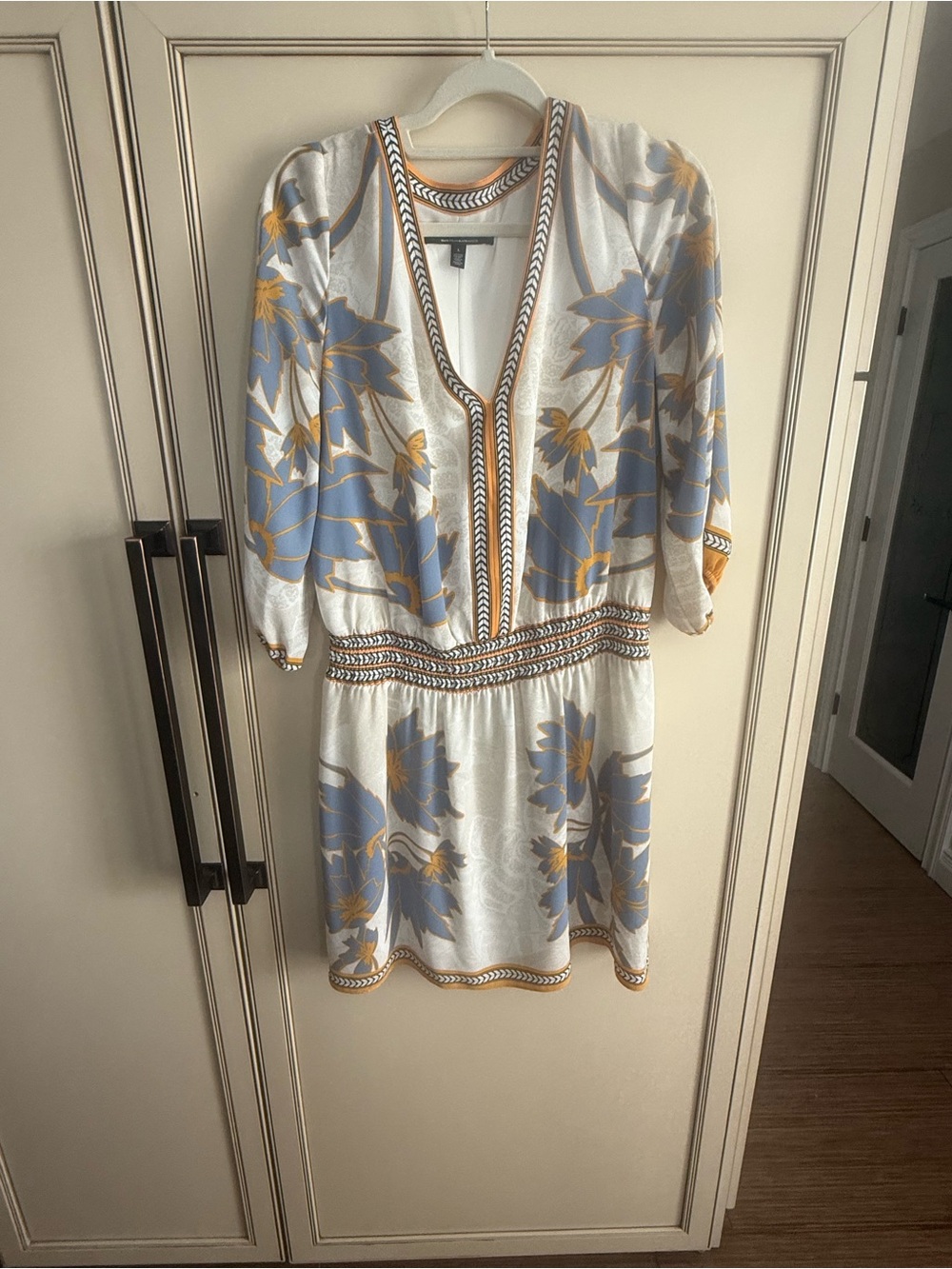 White House Black Market Cream Dress with Blue Floral and Gold Trim
